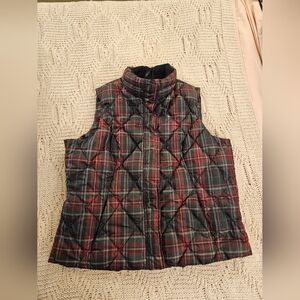 Vintage Eddie Bauer Womens Goose Down Black Red Plaid Full Zip Puffer Vest S